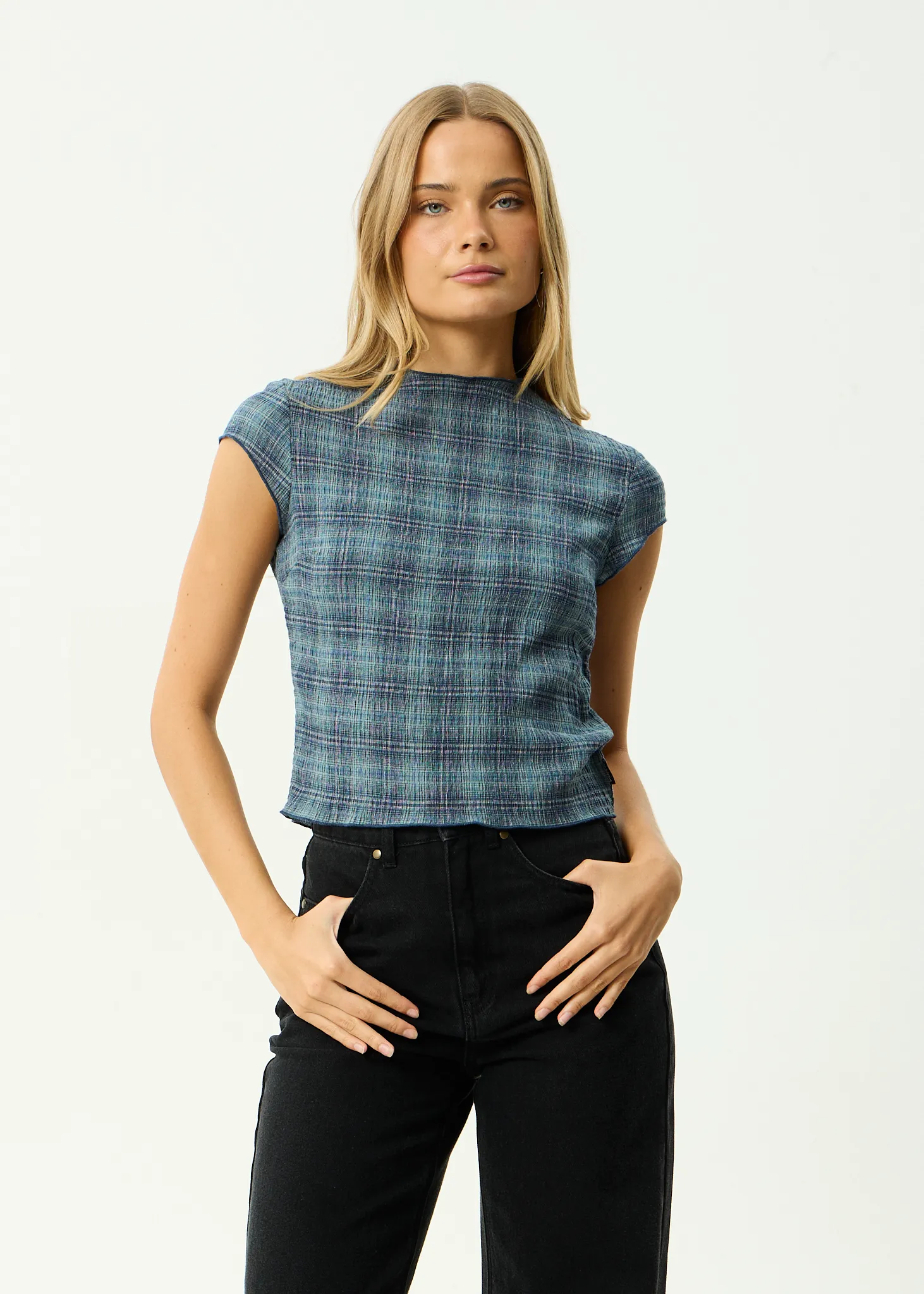 AFENDS Womens Wren - Seersucker Top - Navy Check sold by Afends