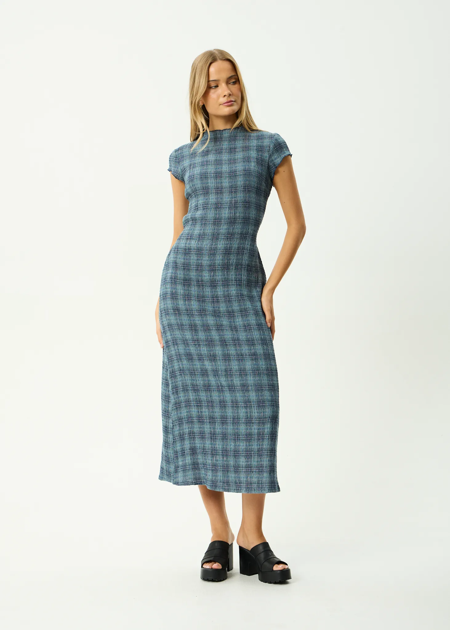 AFENDS Womens Position Elodie - Seersucker Midi Dress - Navy Check sold by Afends