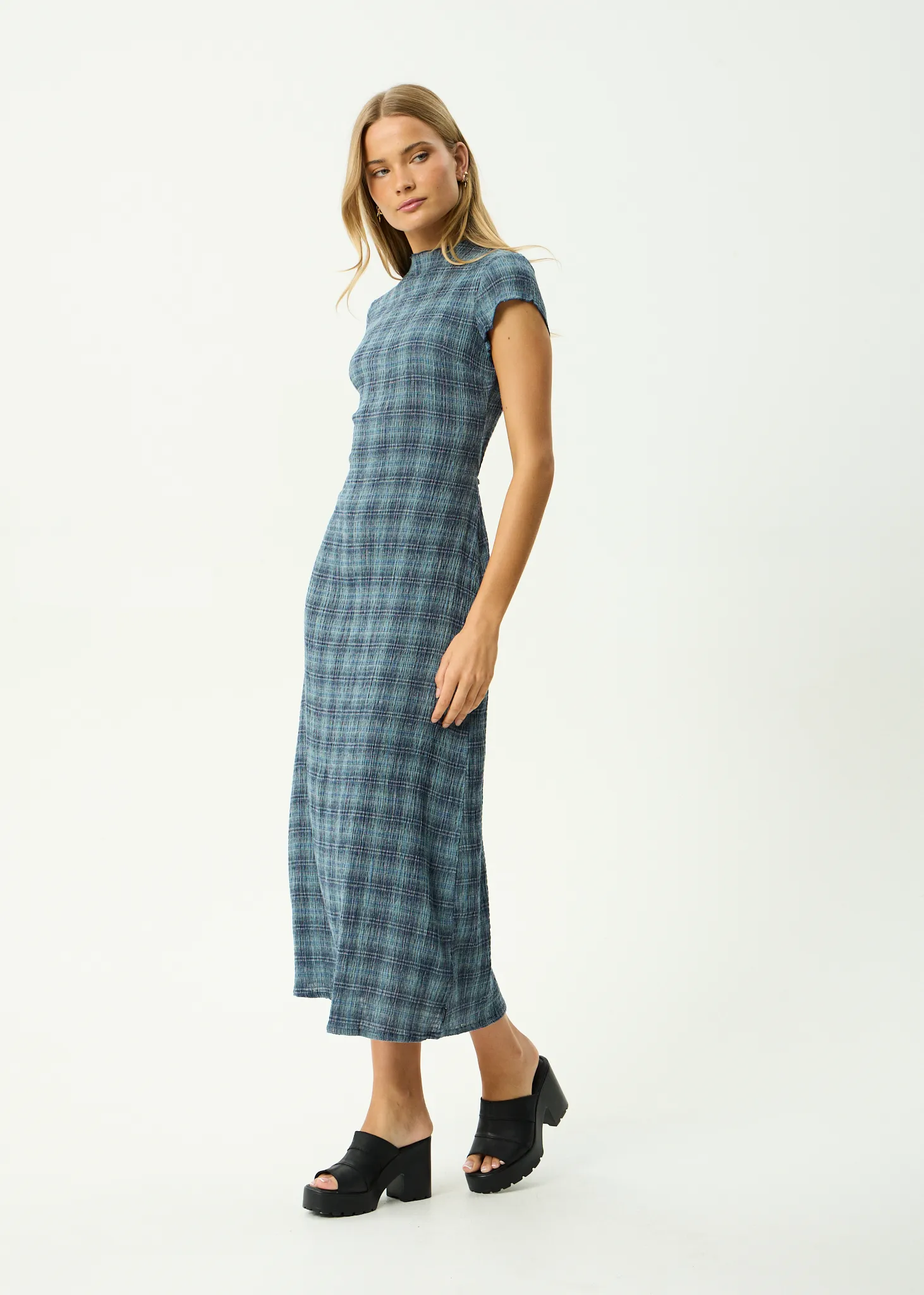 AFENDS Womens Position Elodie - Seersucker Midi Dress - Navy Check sold by Afends product image thumbnail 3