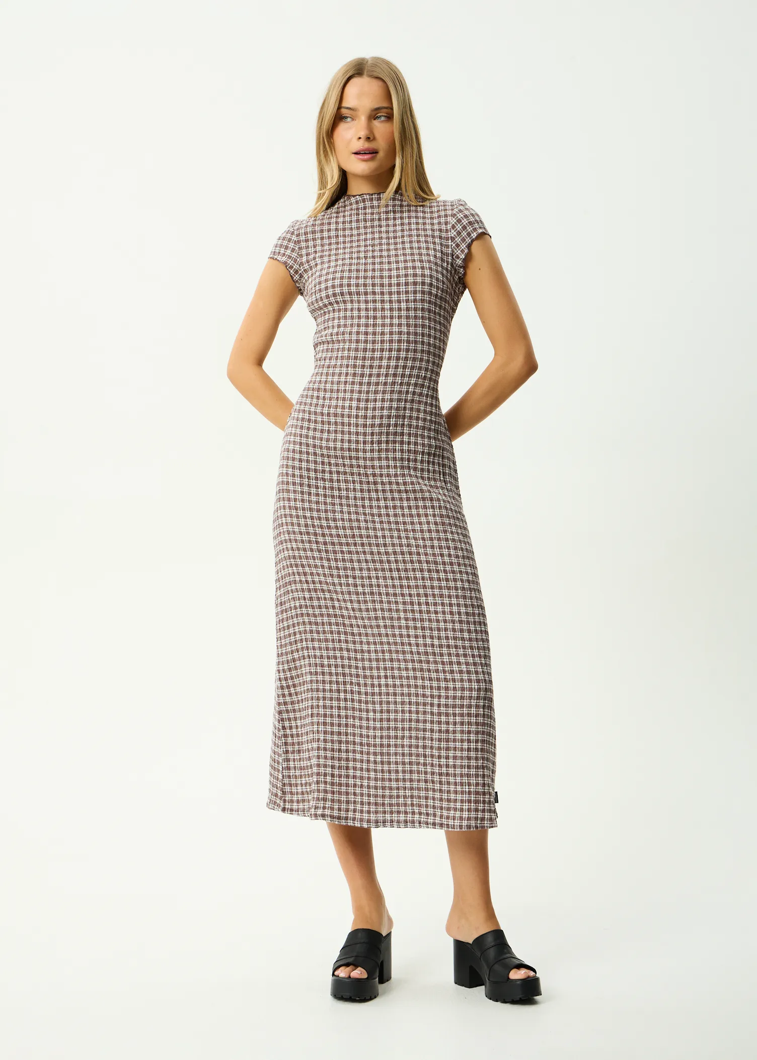 AFENDS Womens Elodie - Seersucker Midi Dress - Coffee Check sold by Afends product image thumbnail 2