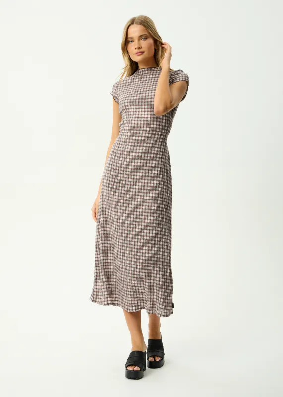AFENDS Womens Base Elodie - Seersucker Midi Dress - Coffee Check sold by Afends