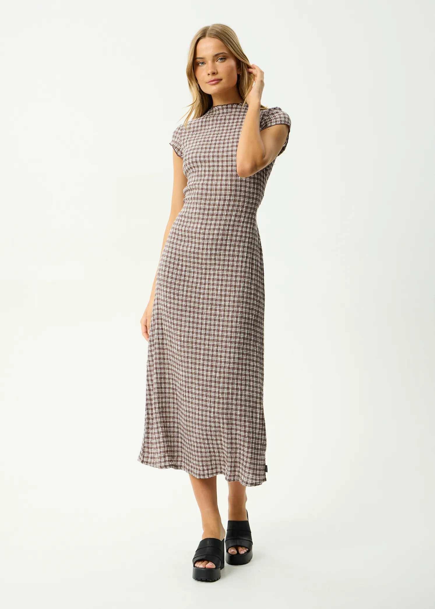 AFENDS Womens Elodie - Seersucker Midi Dress - Coffee Check sold by Afends