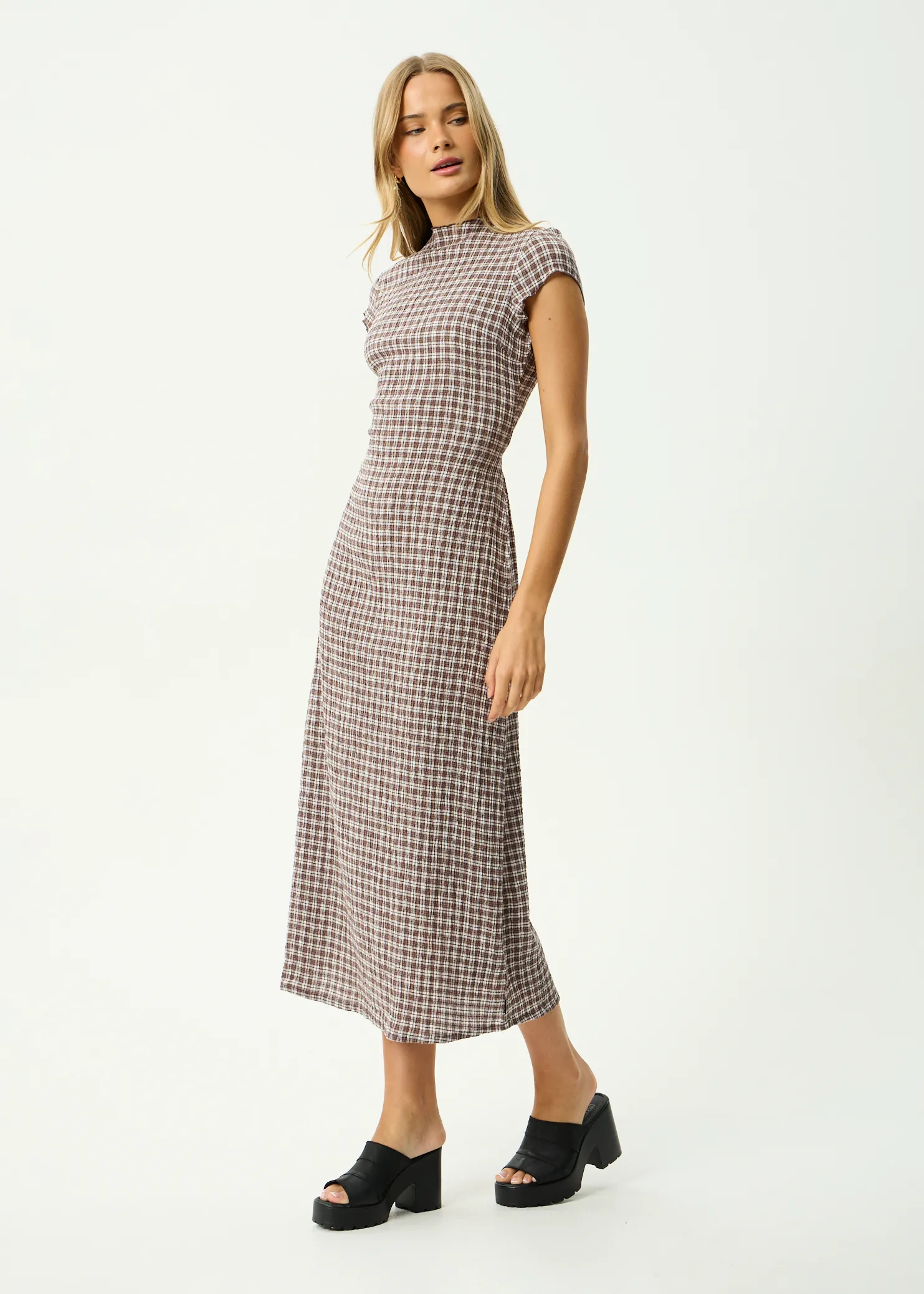 AFENDS Womens Elodie - Seersucker Midi Dress - Coffee Check sold by Afends product image thumbnail 3