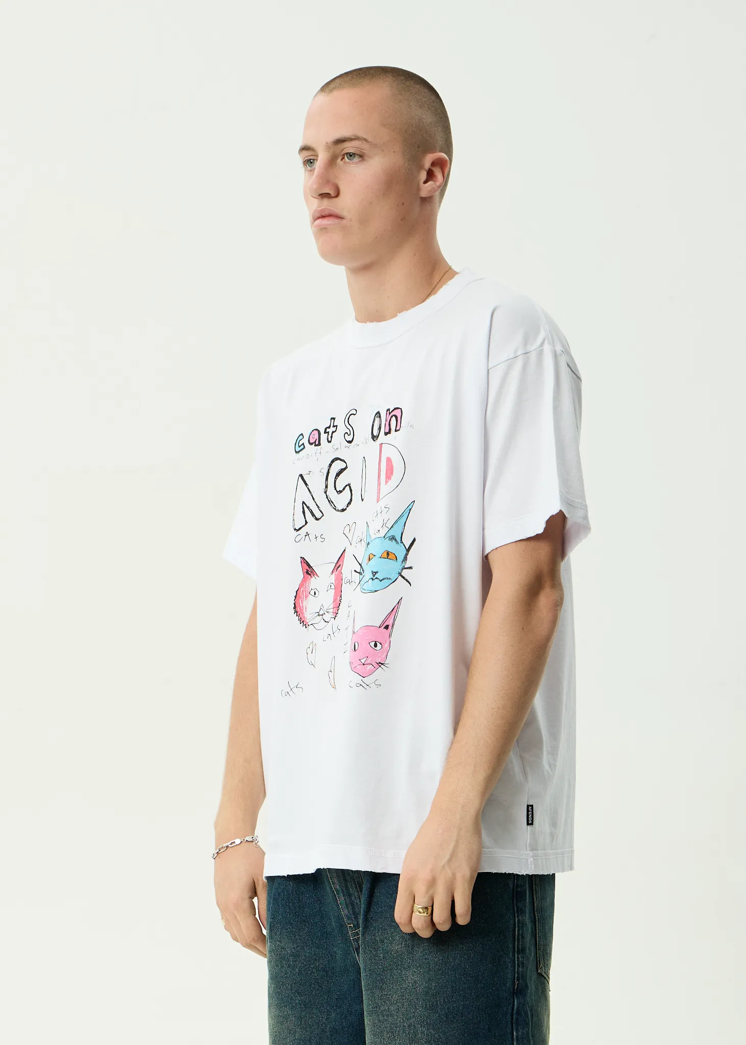 AFENDS Mens Cats On Acid - Recycled Heavyweight Boxy Tee - White sold by Afends product image thumbnail 3