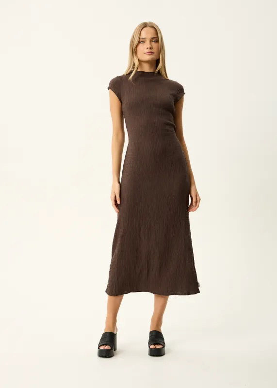 AFENDS Womens Focus Elodie - Seersucker Midi Dress - Coffee sold by Afends