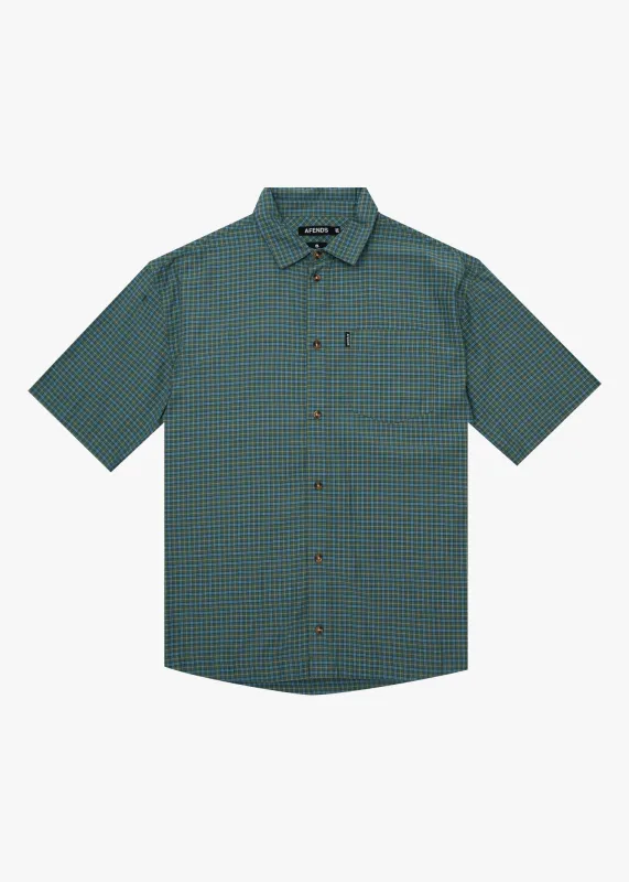 AFENDS Mens Voyager - Short Sleeve Shirt - Deep Olive Check sold by Afends