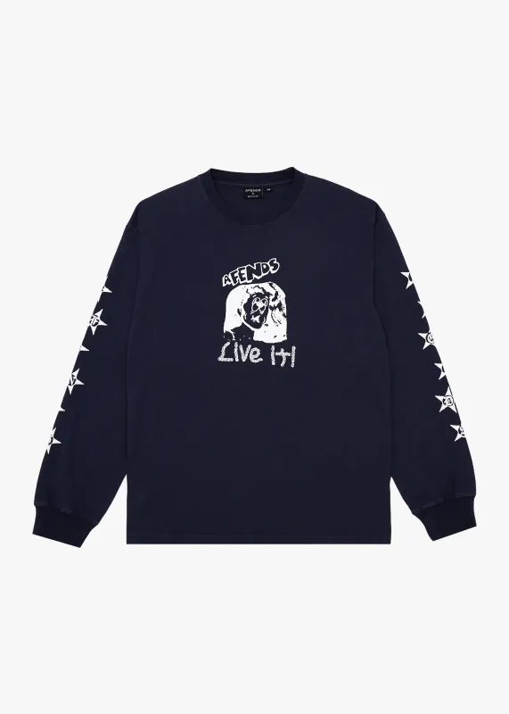 AFENDS Mens Live It - Heavyweight Boxy Long Sleeve Tee - Washed Deep Sea sold by Afends