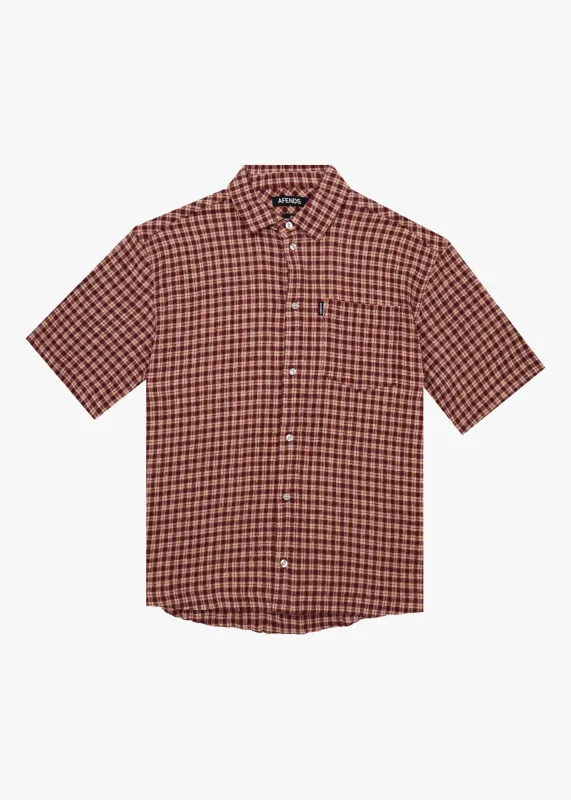 AFENDS Mens Capricorn - Seersucker Short Sleeve Shirt - Burgundy / Beige Check made by Afends