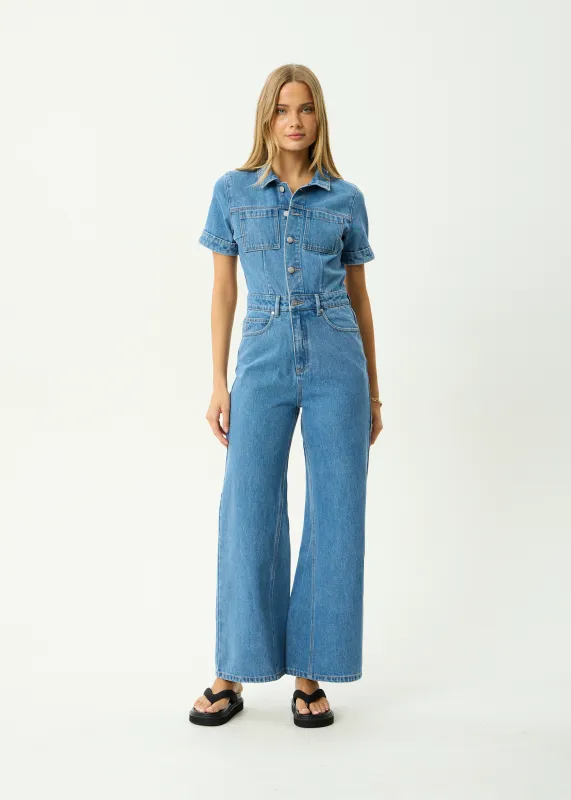 AFENDS Womens Miami - Denim Flared Jumpsuit - Worn Blue sold by Afends
