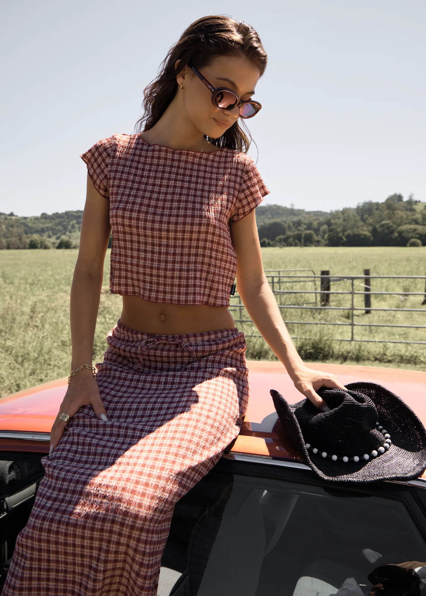 AFENDS Womens Darcy - Seersucker Top - Burgundy / Beige Check sold by Afends product image thumbnail 2