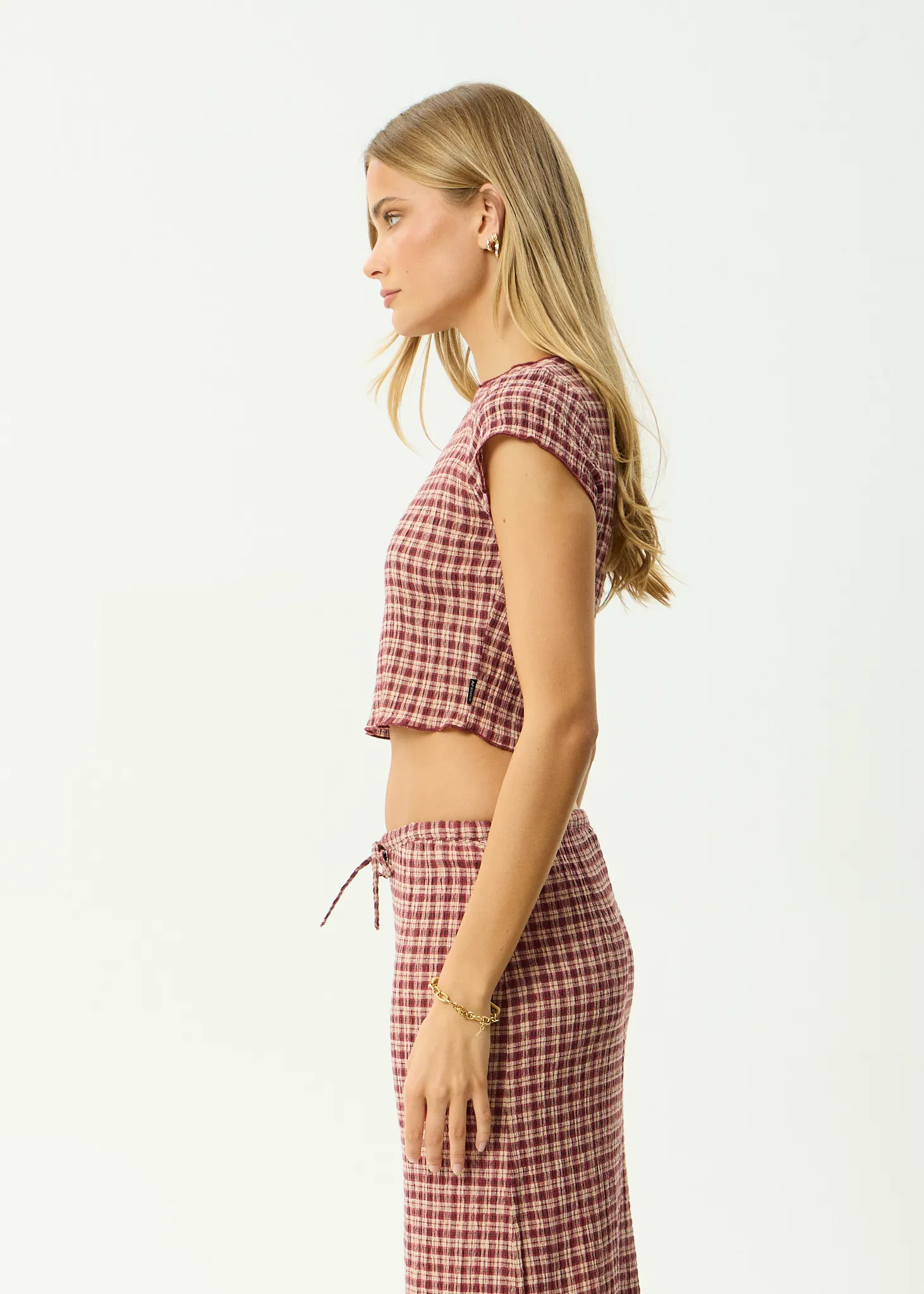 AFENDS Womens Darcy - Seersucker Top - Burgundy / Beige Check sold by Afends product image thumbnail 5