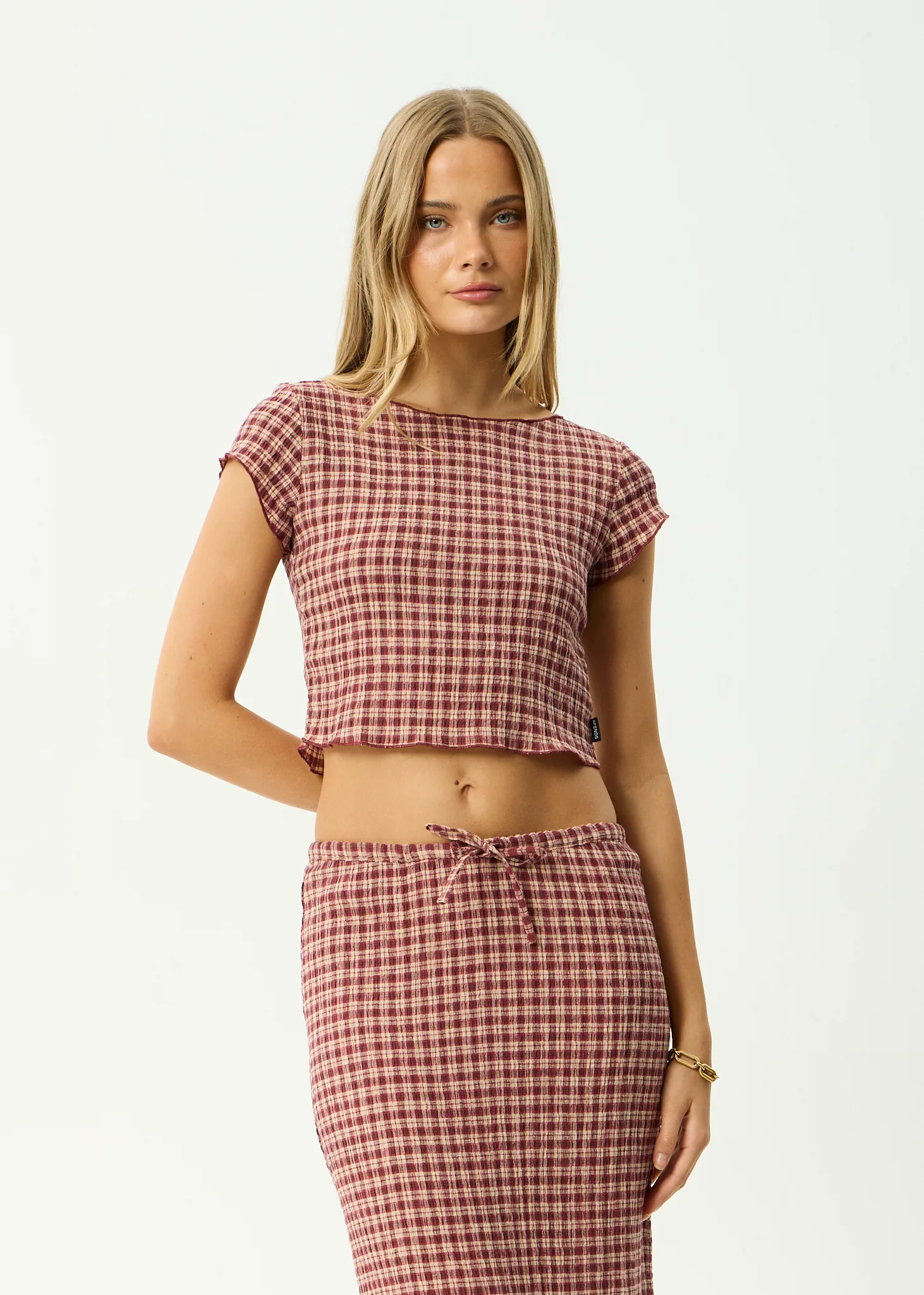 AFENDS Womens Darcy - Seersucker Top - Burgundy / Beige Check sold by Afends product image thumbnail 3