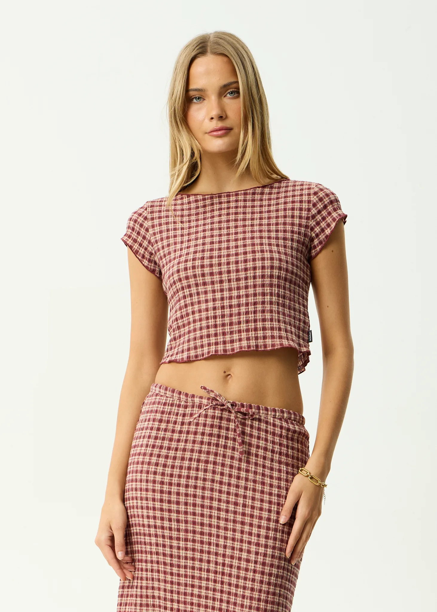 AFENDS Womens Darcy - Seersucker Top - Burgundy / Beige Check sold by Afends