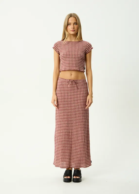 AFENDS Womens Capricorn - Seersucker Maxi Skirt - Burgundy / Beige Check sold by Afends