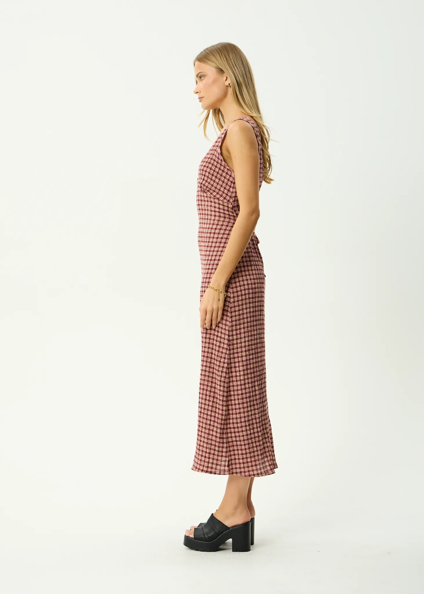AFENDS Womens Tully - Seersucker Maxi Dress - Burgundy / Beige Check sold by Afends product image thumbnail 5