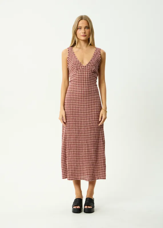 AFENDS Womens Tully - Seersucker Maxi Dress - Burgundy / Beige Check made by Afends