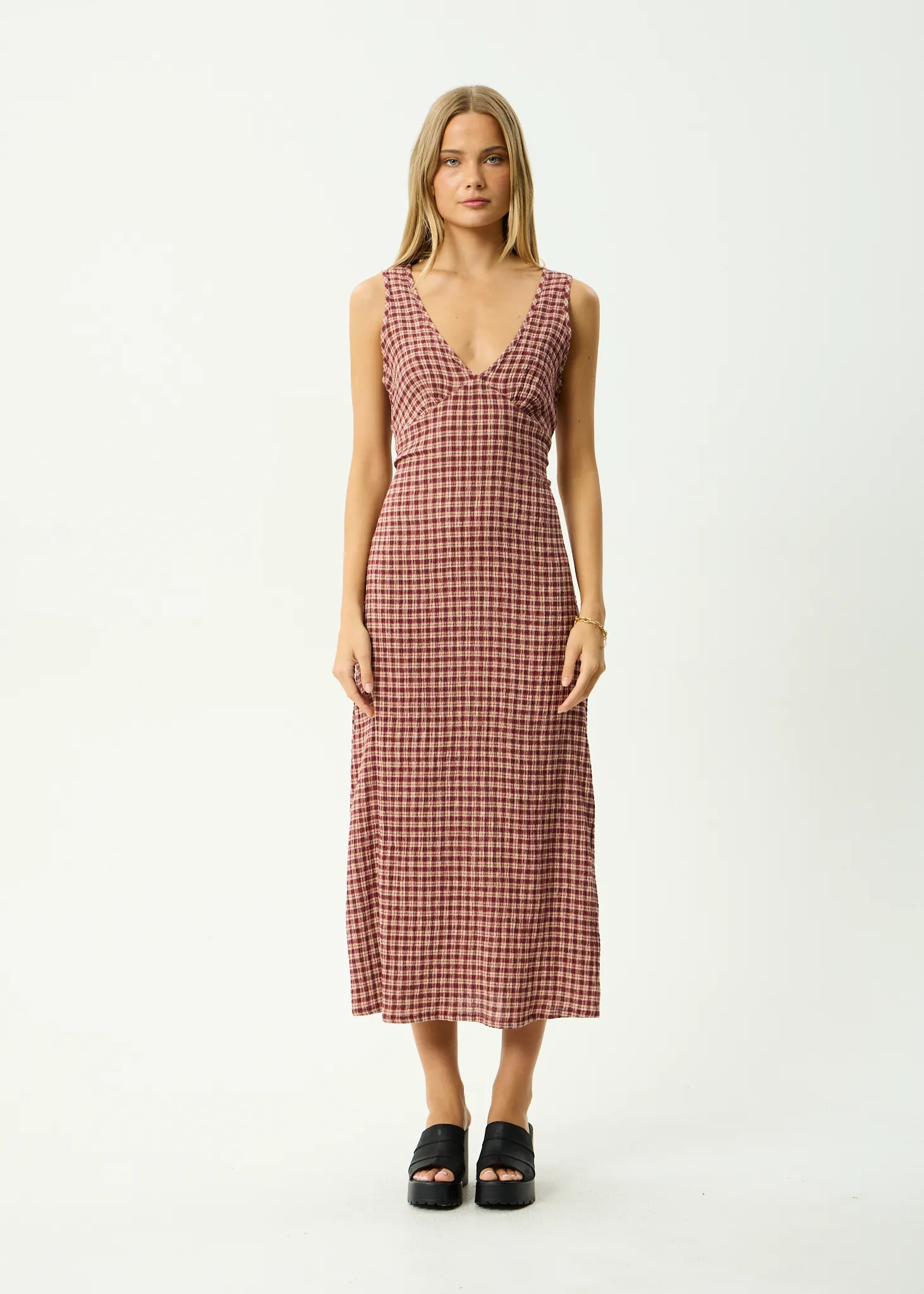 AFENDS Womens Tully - Seersucker Maxi Dress - Burgundy / Beige Check sold by Afends