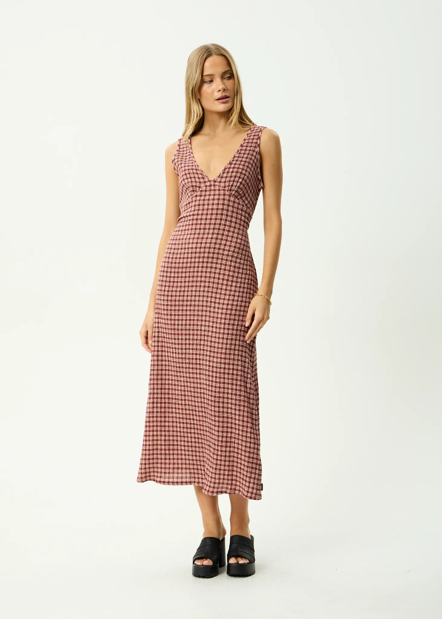 AFENDS Womens Tully - Seersucker Maxi Dress - Burgundy / Beige Check sold by Afends product image thumbnail 3