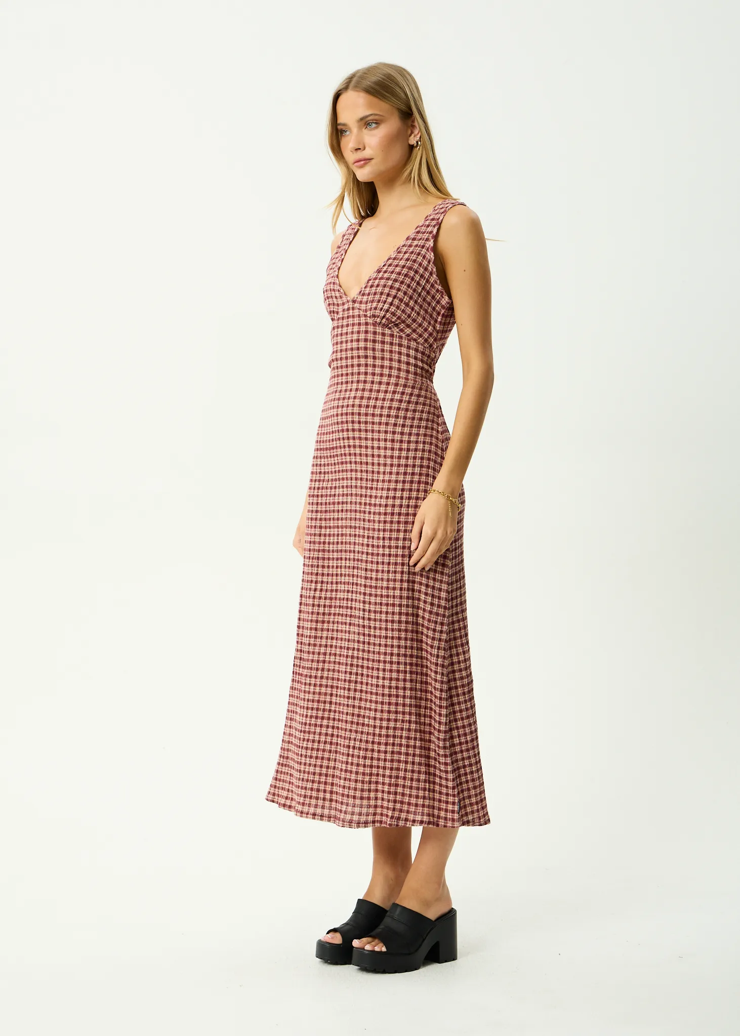 AFENDS Womens Tully - Seersucker Maxi Dress - Burgundy / Beige Check sold by Afends product image thumbnail 4
