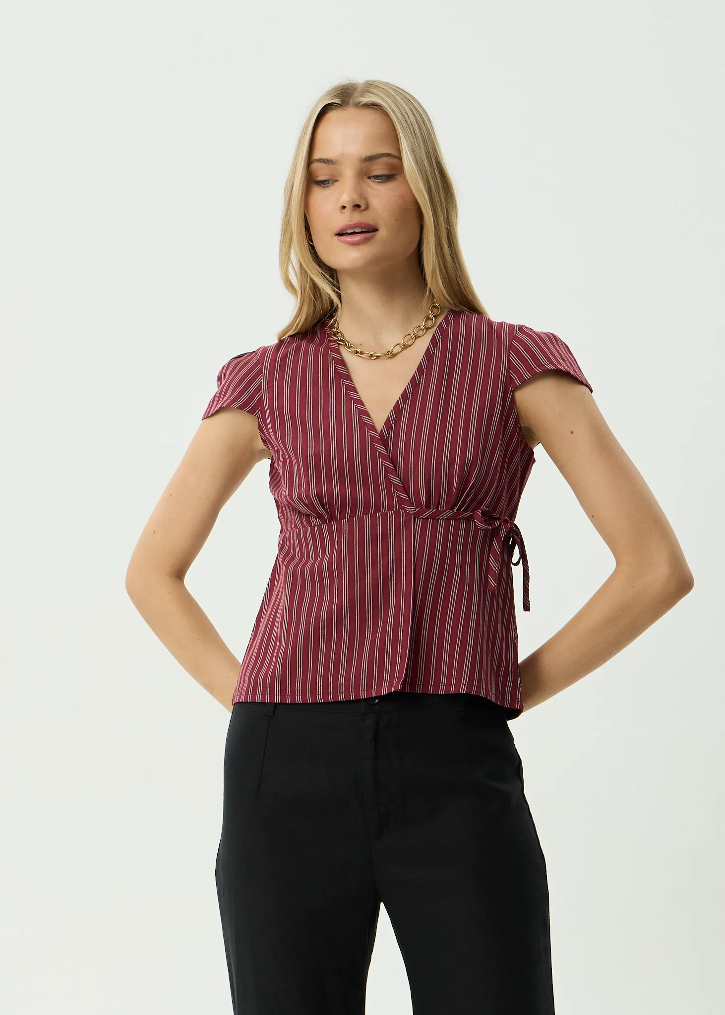 AFENDS Womens Ledger - Wrap Top - Burgundy Stripe sold by Afends product image thumbnail 2