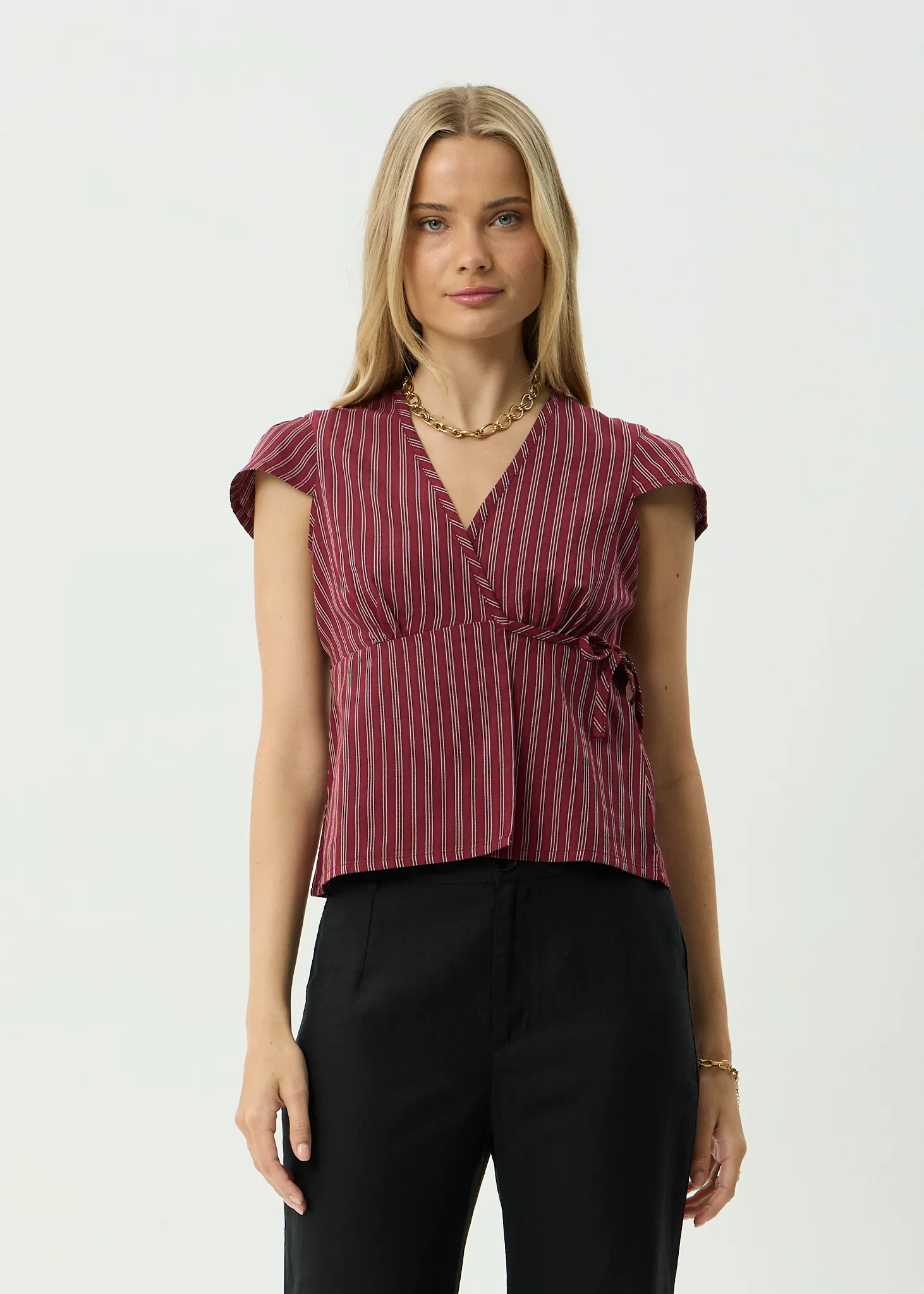 AFENDS Womens Ledger - Wrap Top - Burgundy Stripe sold by Afends