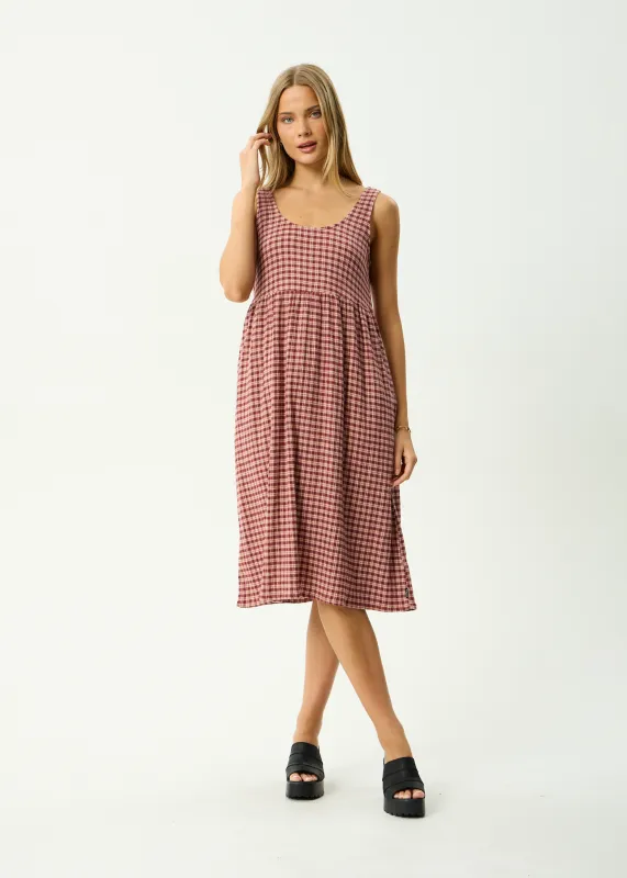 AFENDS Womens Capricorn - Seersucker Midi Dress - Burgundy / Beige Check made by Afends