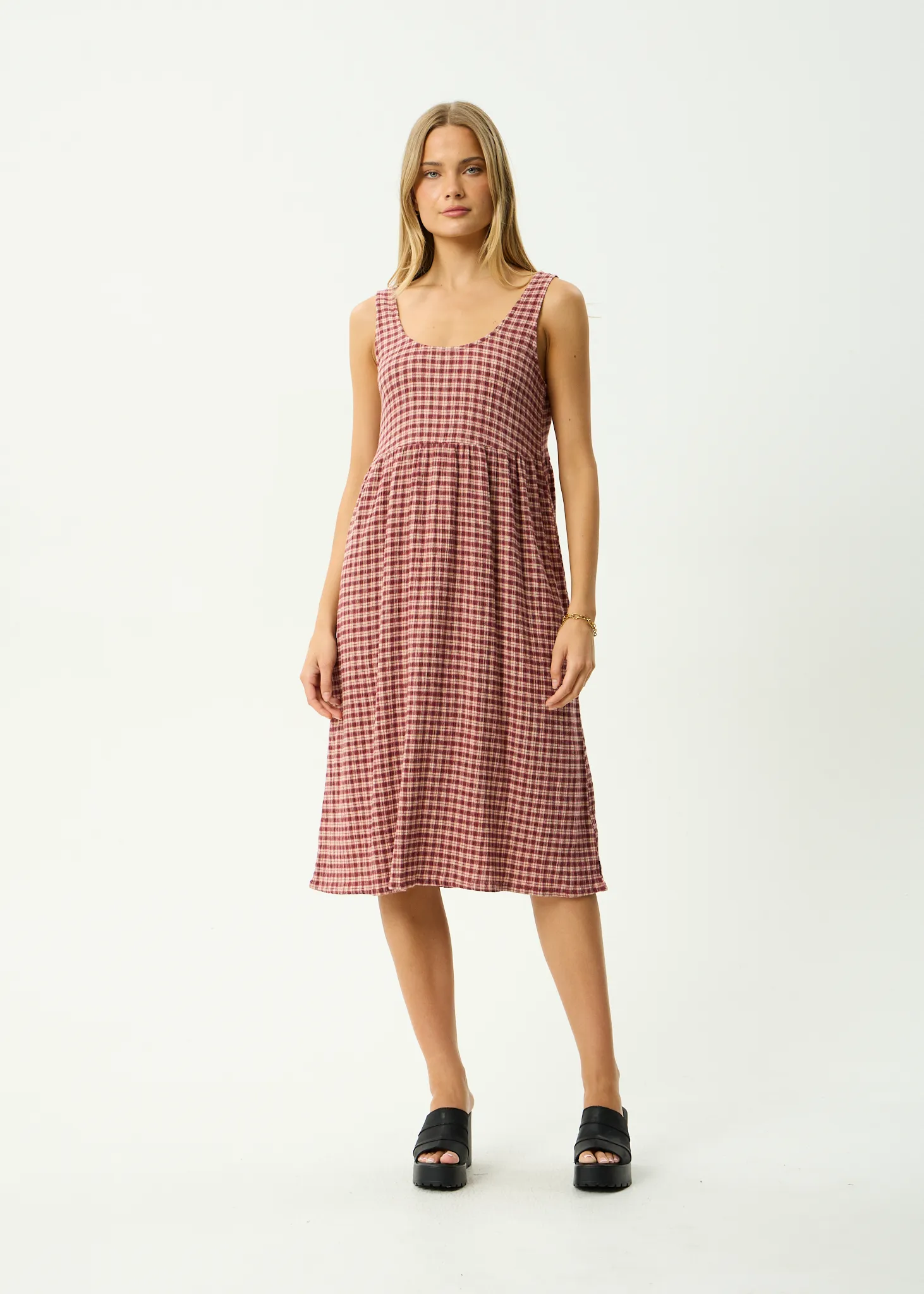 AFENDS Womens Capricorn - Seersucker Midi Dress - Burgundy / Beige Check sold by Afends product image thumbnail 3