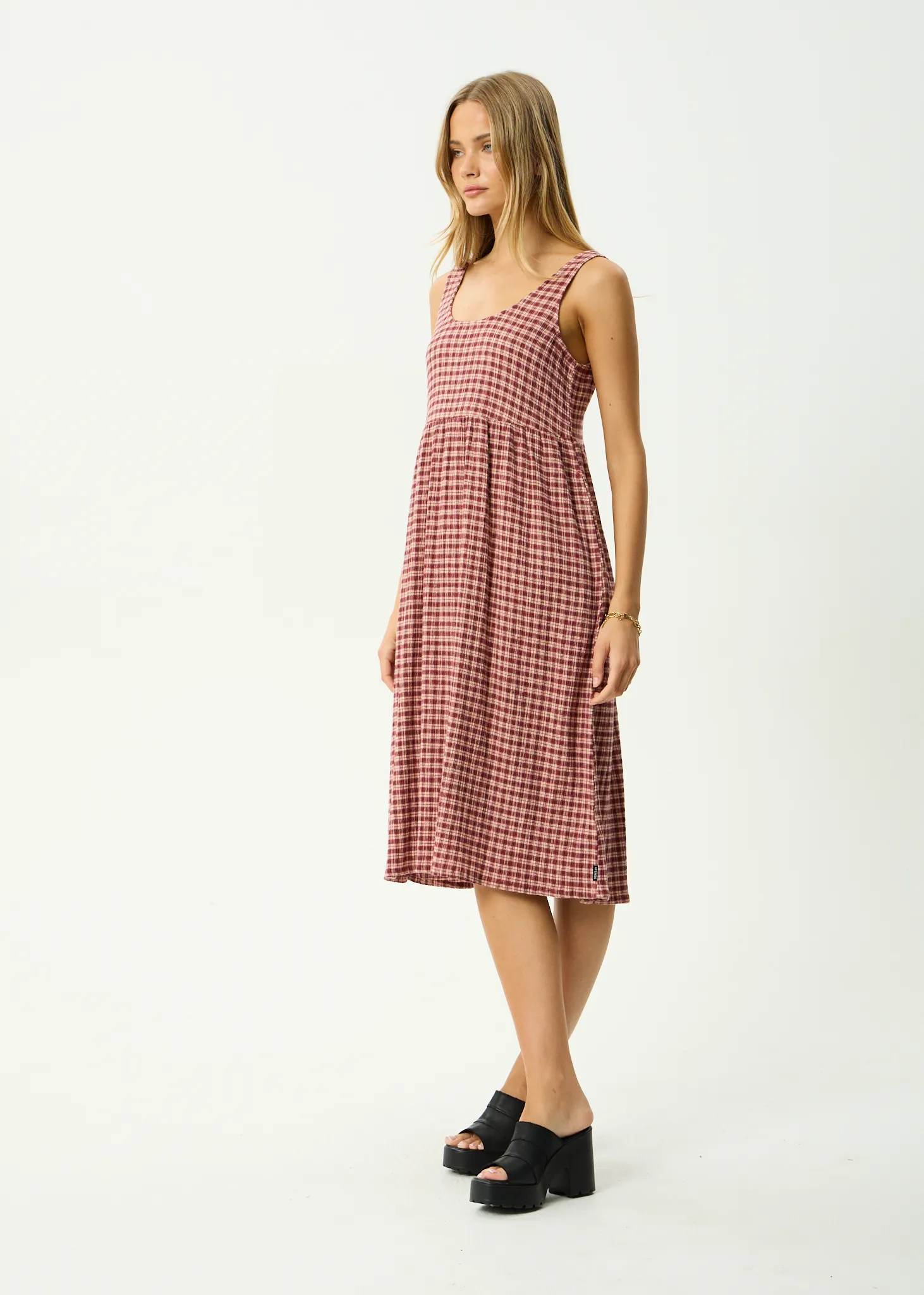 AFENDS Womens Capricorn - Seersucker Midi Dress - Burgundy / Beige Check sold by Afends product image thumbnail 4