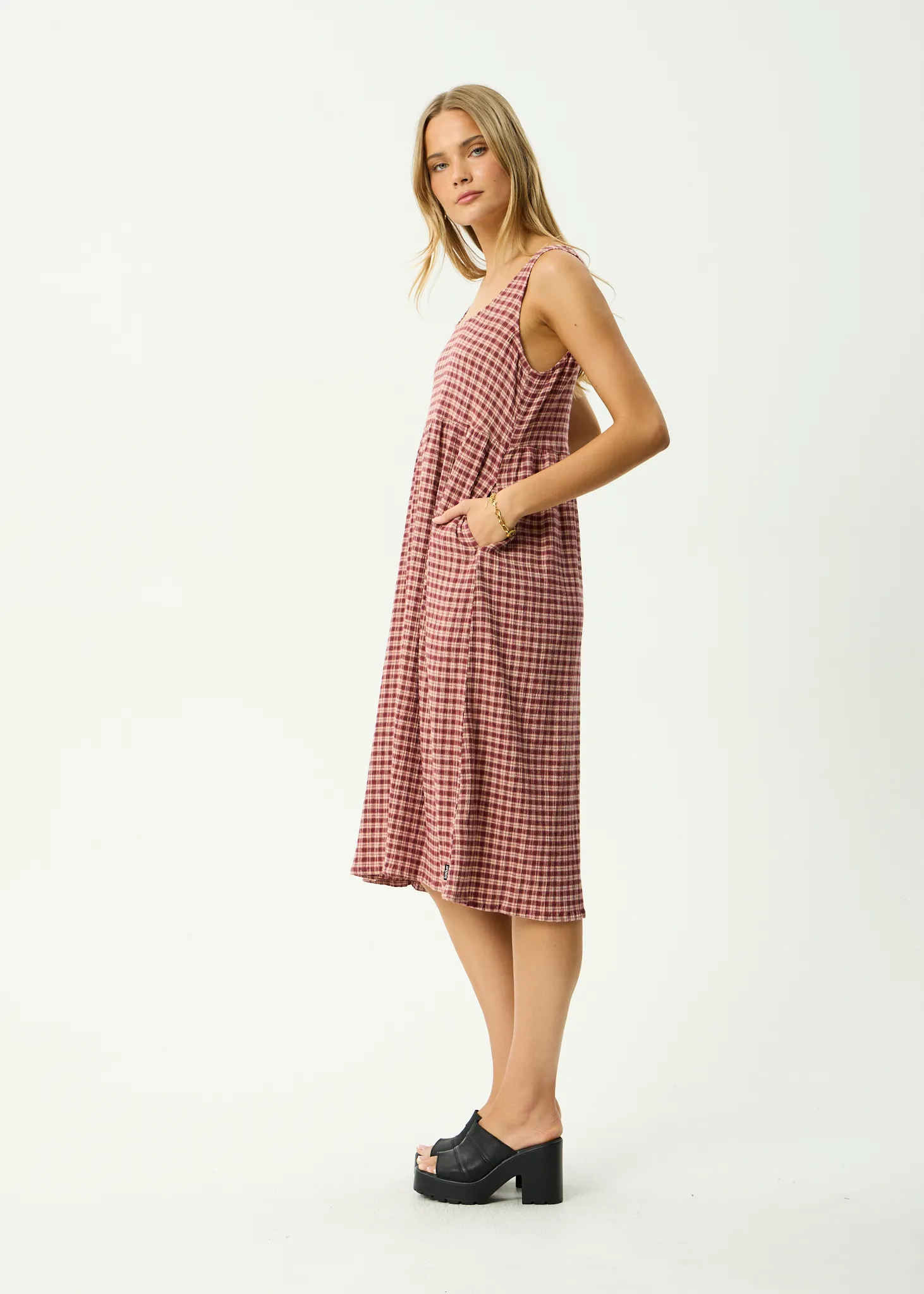AFENDS Womens Capricorn - Seersucker Midi Dress - Burgundy / Beige Check sold by Afends product image thumbnail 5