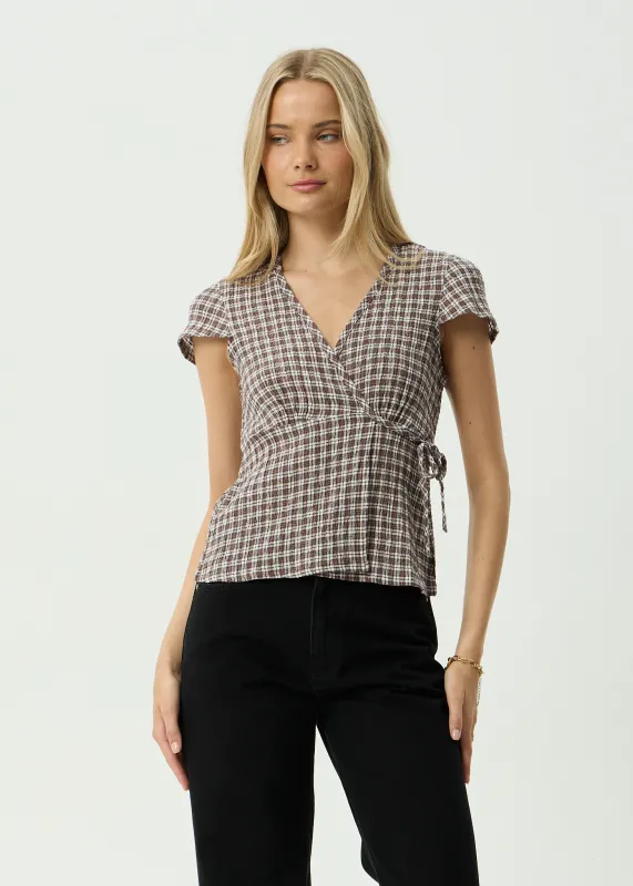 AFENDS Womens Loula - Seersucker Wrap Top - Coffee Check sold by Afends
