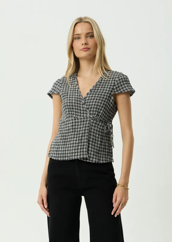 AFENDS Womens Loula - Seersucker Wrap Top - Steel Check made by Afends