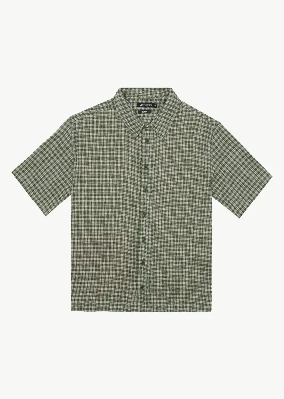 AFENDS Mens Base - Seersucker Short Sleeve Shirt - Deep Green Check sold by Afends