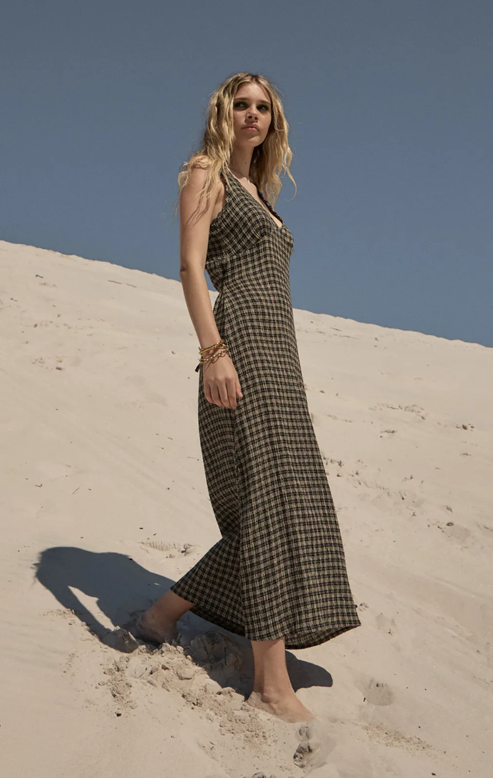 AFENDS Womens Tully - Seersucker Maxi Dress - Tan / Olive Check sold by Afends product image thumbnail 2