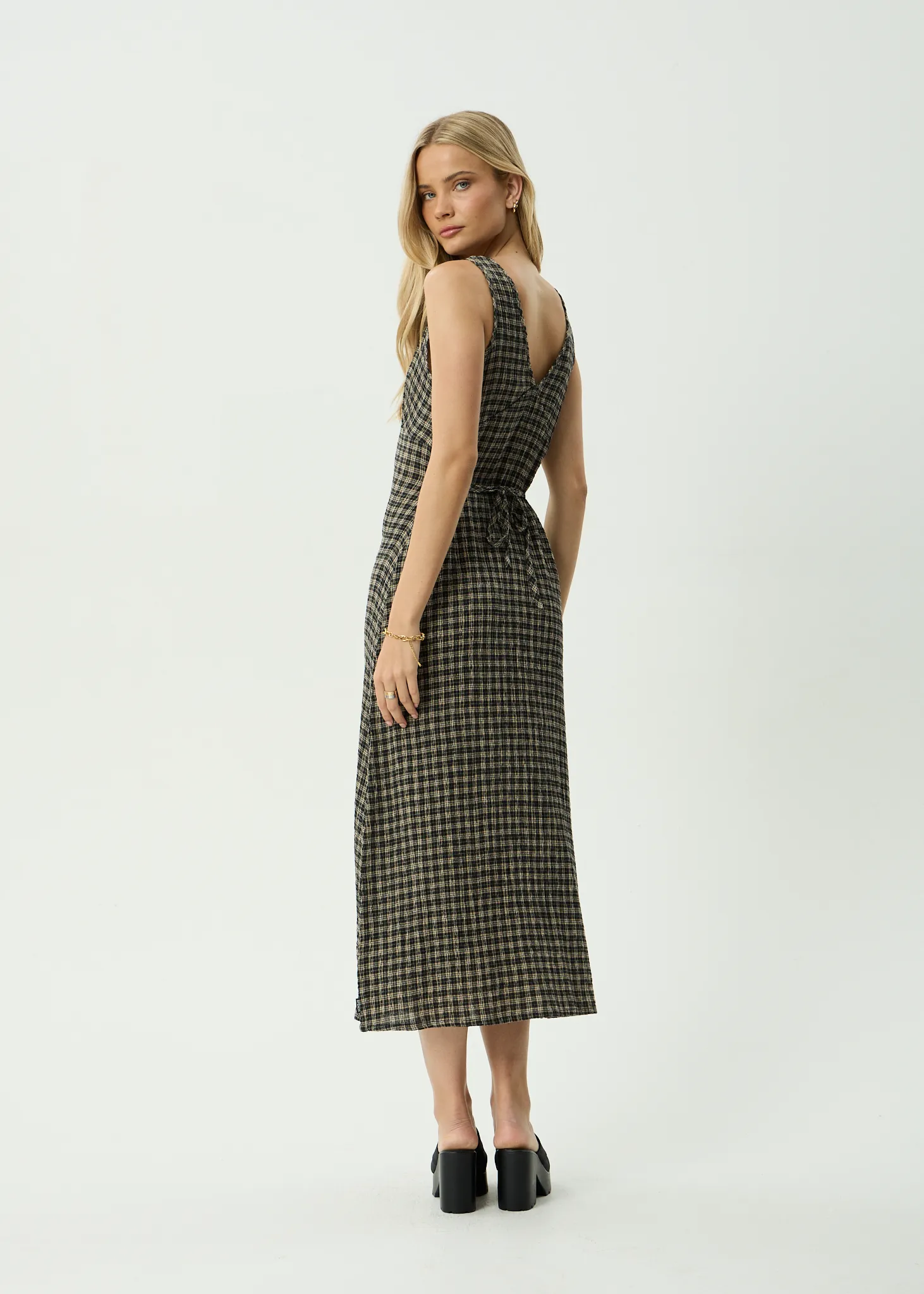 AFENDS Womens Tully - Seersucker Maxi Dress - Tan / Olive Check sold by Afends product image thumbnail 5