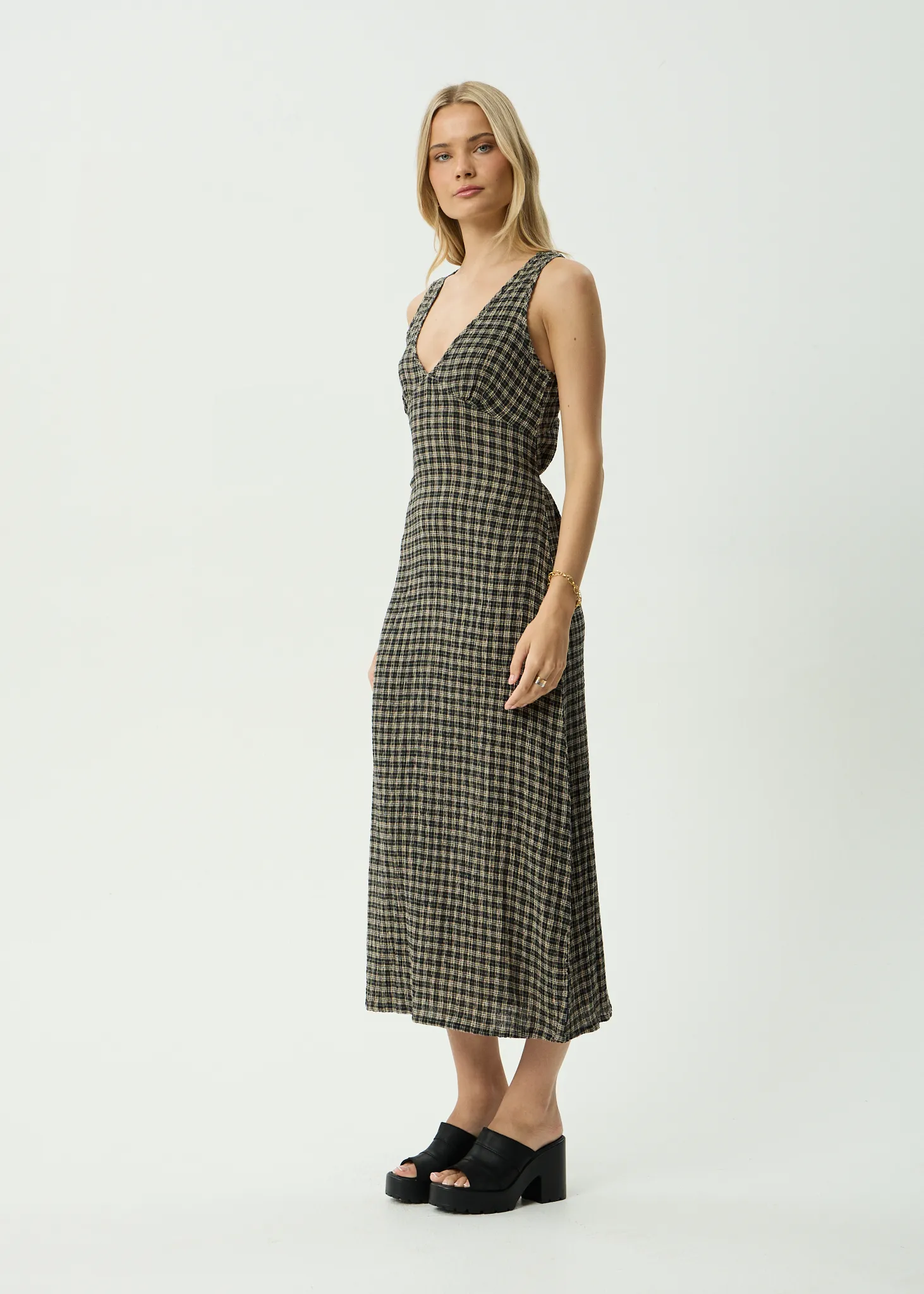 AFENDS Womens Tully - Seersucker Maxi Dress - Tan / Olive Check sold by Afends product image thumbnail 3