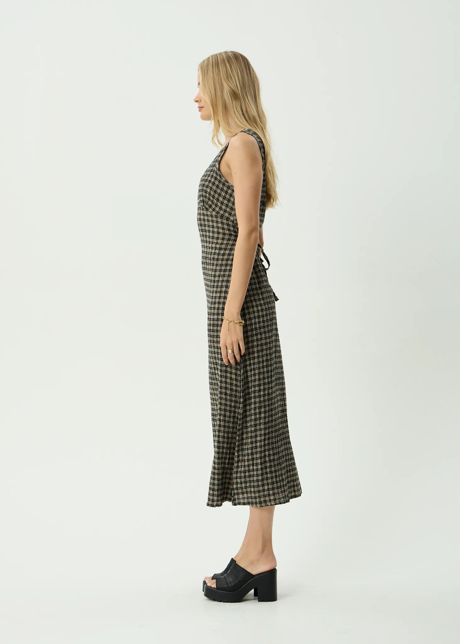 AFENDS Womens Tully - Seersucker Maxi Dress - Tan / Olive Check sold by Afends product image thumbnail 4