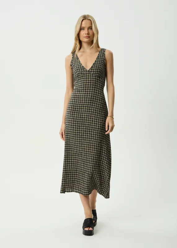 AFENDS Womens Tully - Seersucker Maxi Dress - Tan / Olive Check made by Afends