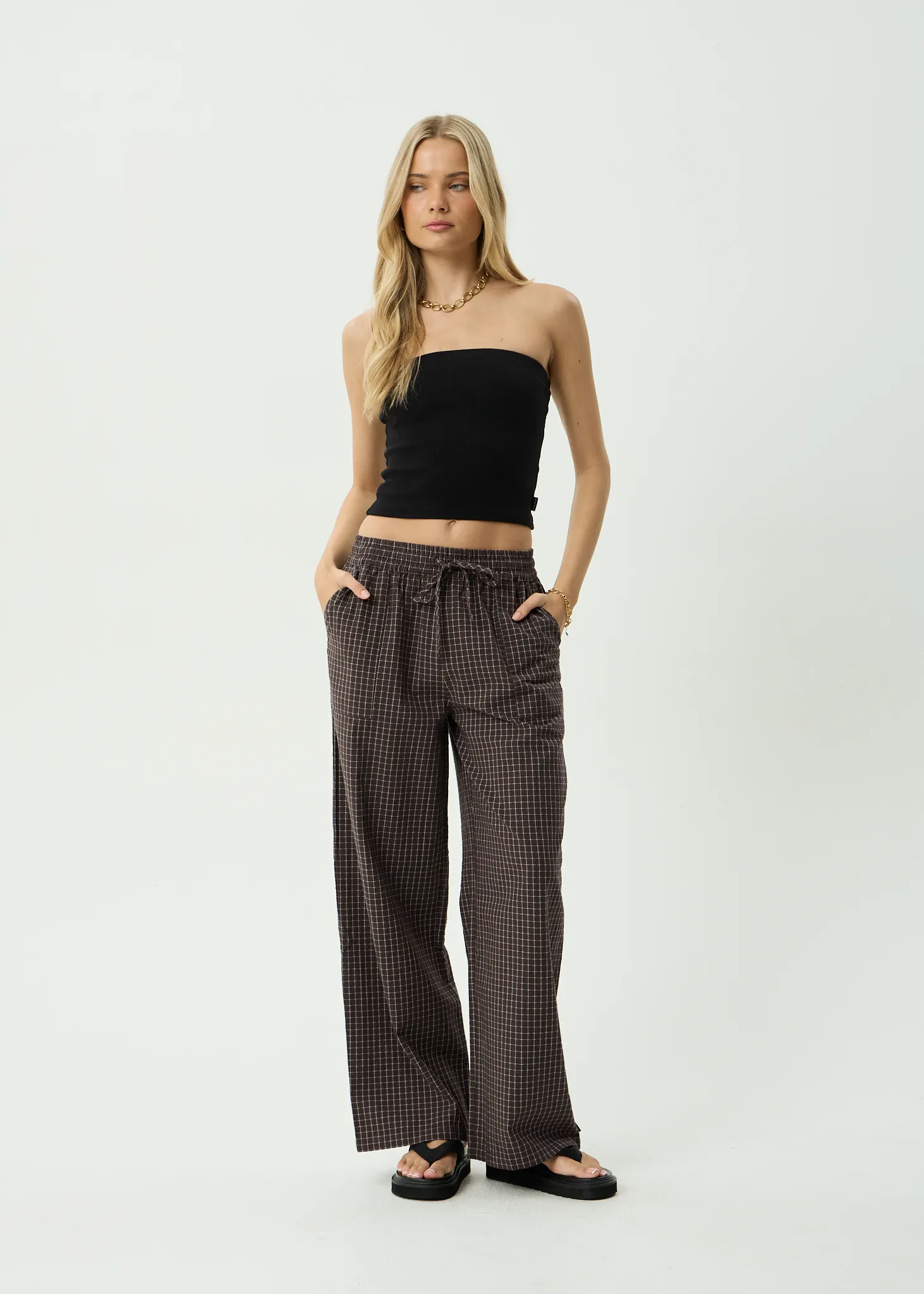 AFENDS Womens Harriet - Seersucker Wide Leg Pant - Chocolate Check sold by Afends
