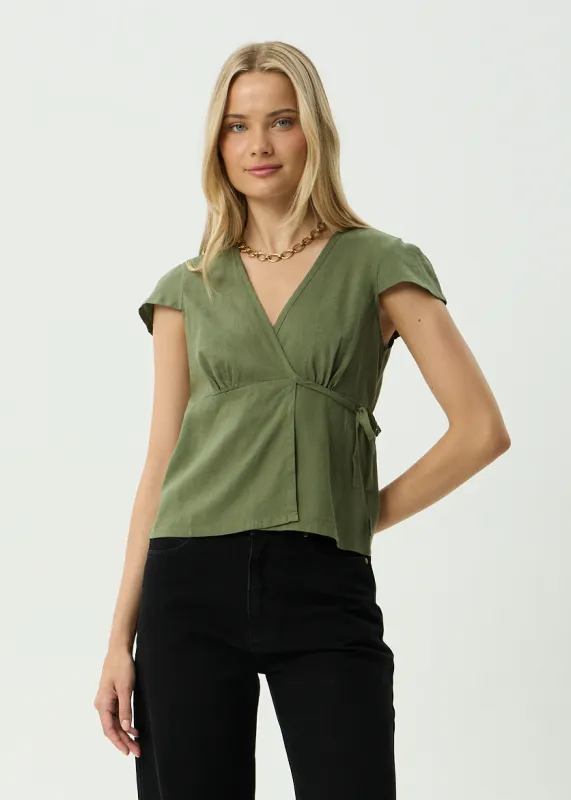 AFENDS Womens Loula - Wrap Top - Deep Olive made by Afends