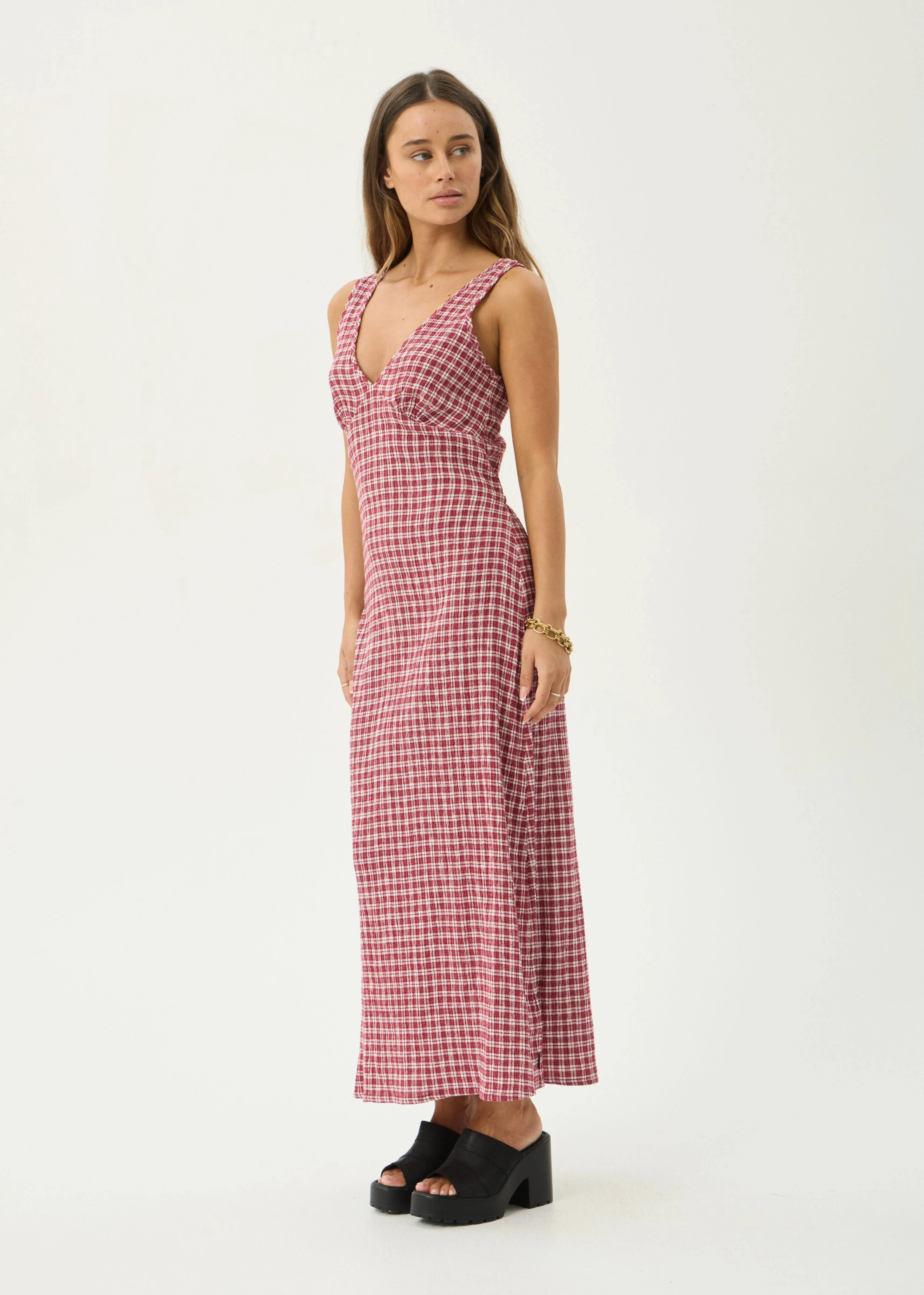 AFENDS Womens Base Tully - Seersucker Maxi Dress - Burgundy Check sold by Afends product image thumbnail 3