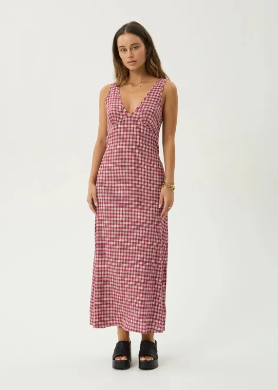 AFENDS Womens Base Tully - Seersucker Maxi Dress - Burgundy Check made by Afends