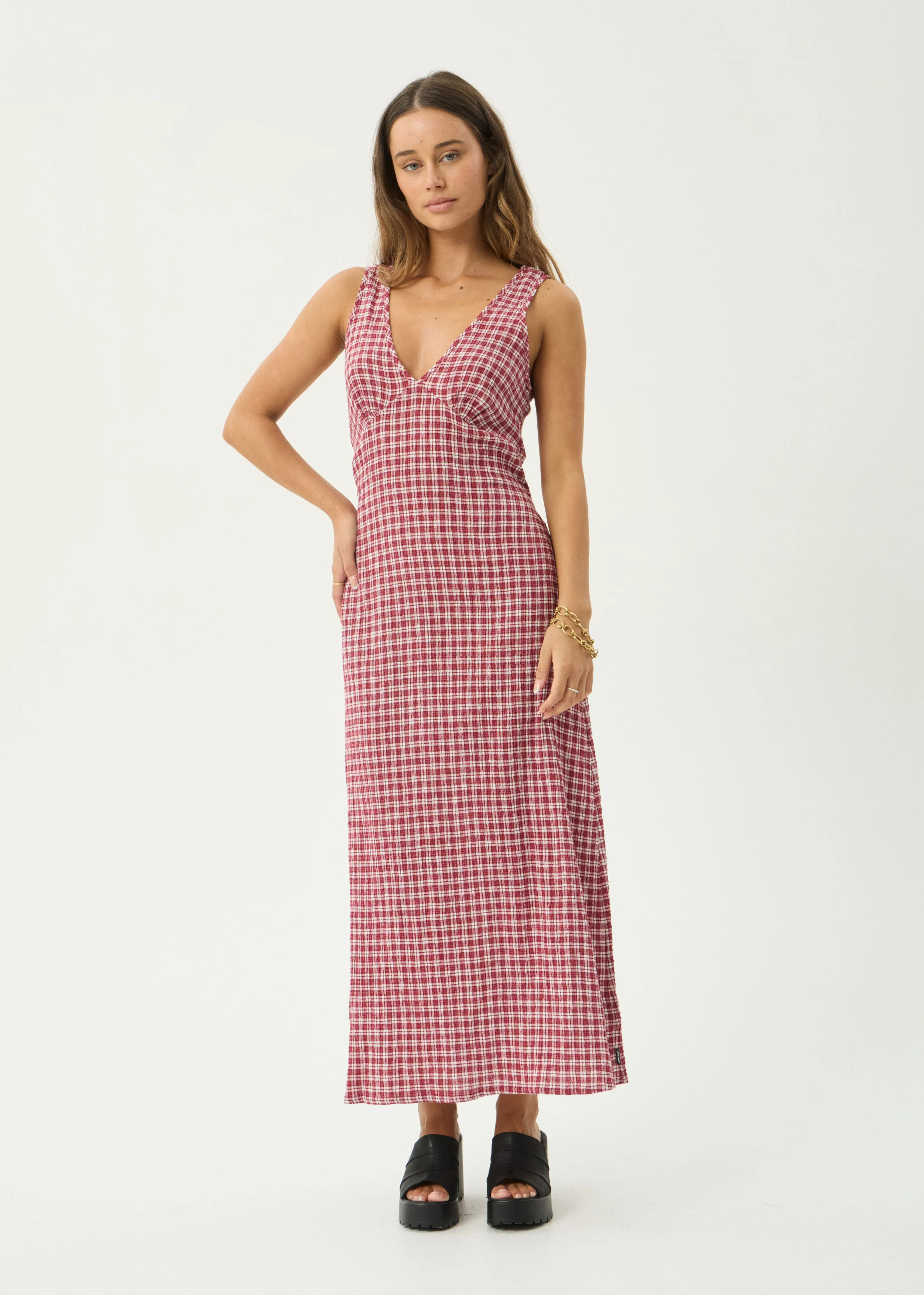 AFENDS Womens Base Tully - Seersucker Maxi Dress - Burgundy Check sold by Afends product image thumbnail 2