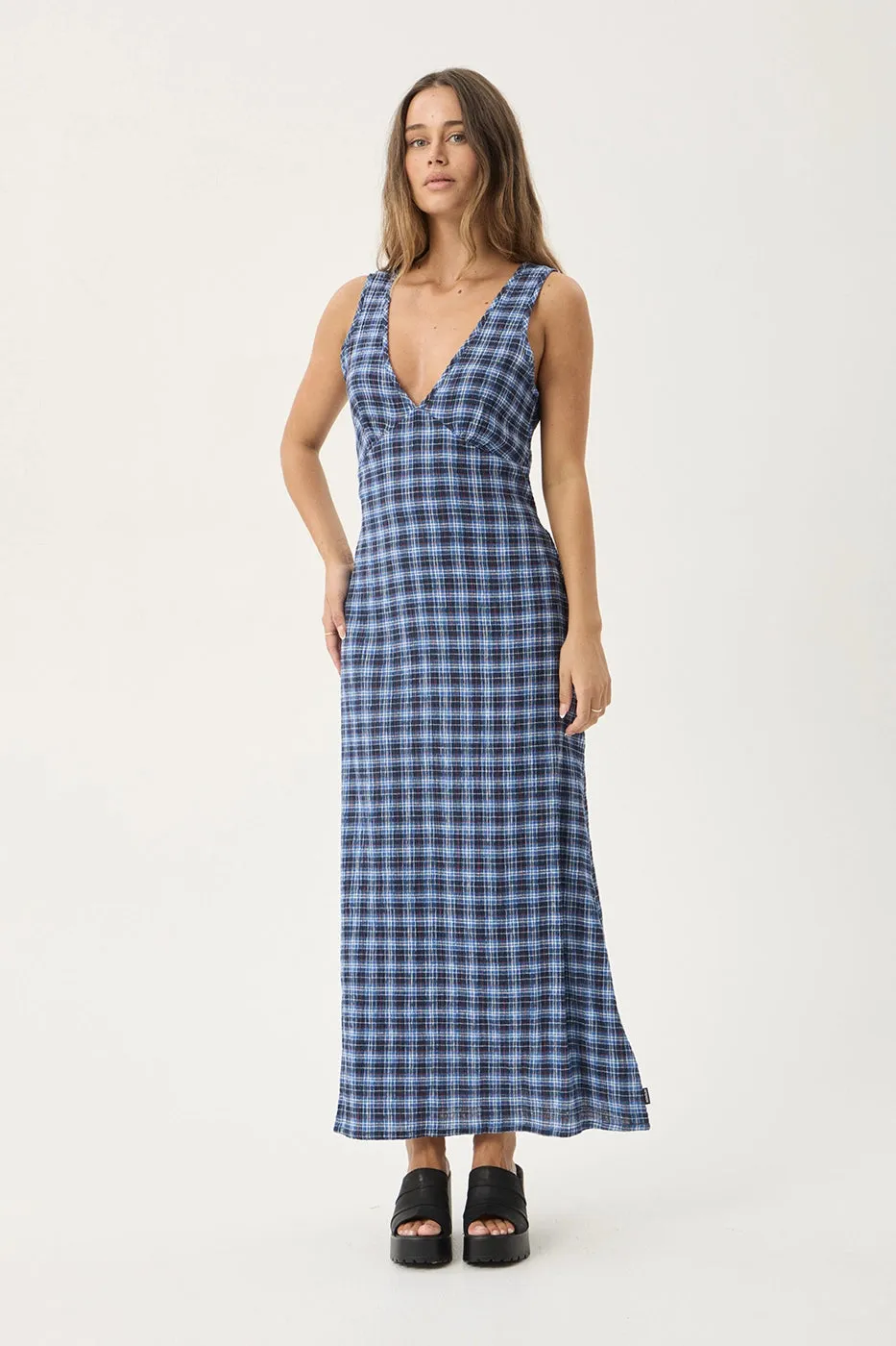 AFENDS Womens Mountains Tully - Seersucker Maxi Dress - Navy Red Check sold by Afends