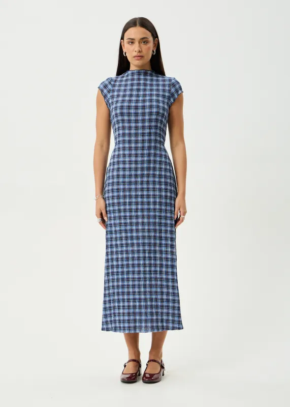 AFENDS Womens Mountains Elodie - Seersucker Midi Dress - Navy Red Check made by Afends