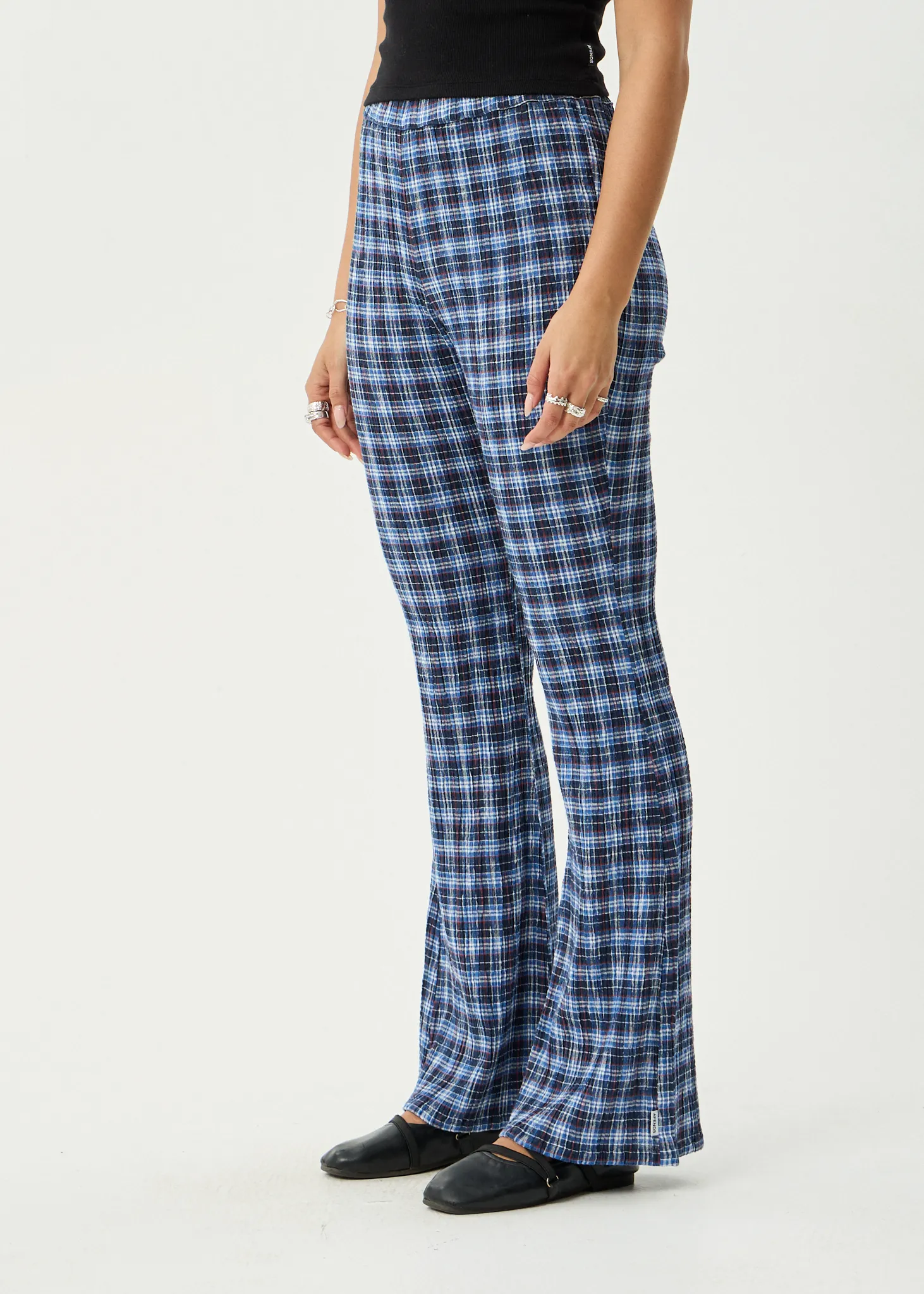 AFENDS Womens Mountains - Seersucker Flare Pant - Navy Red Check sold by Afends product image thumbnail 4