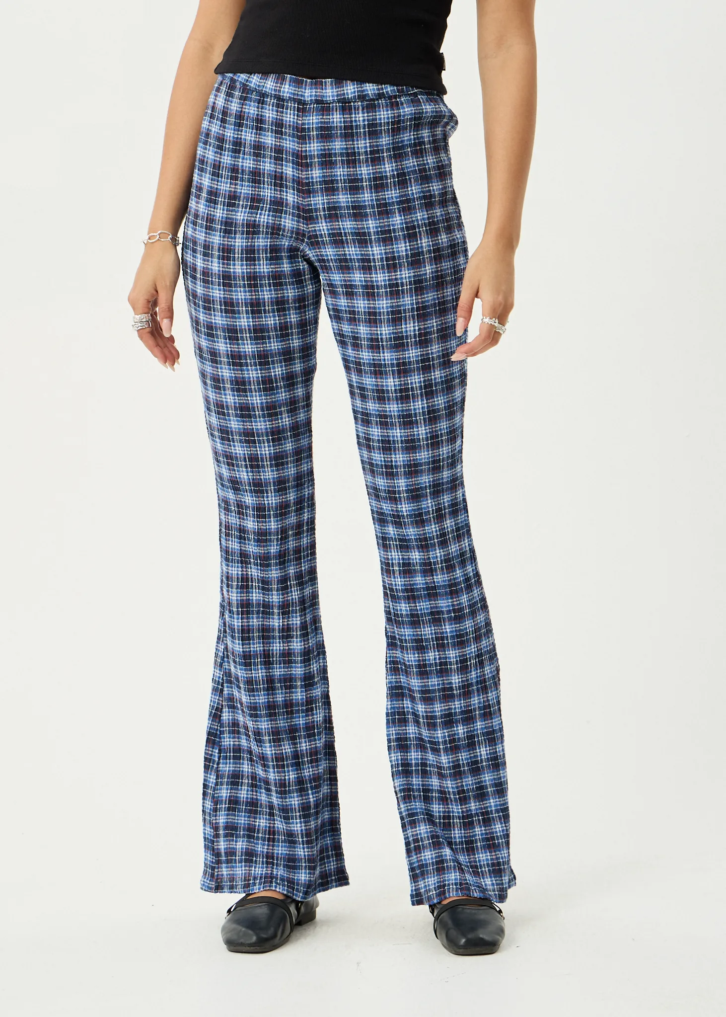 AFENDS Womens Mountains - Seersucker Flare Pant - Navy Red Check sold by Afends product image thumbnail 2
