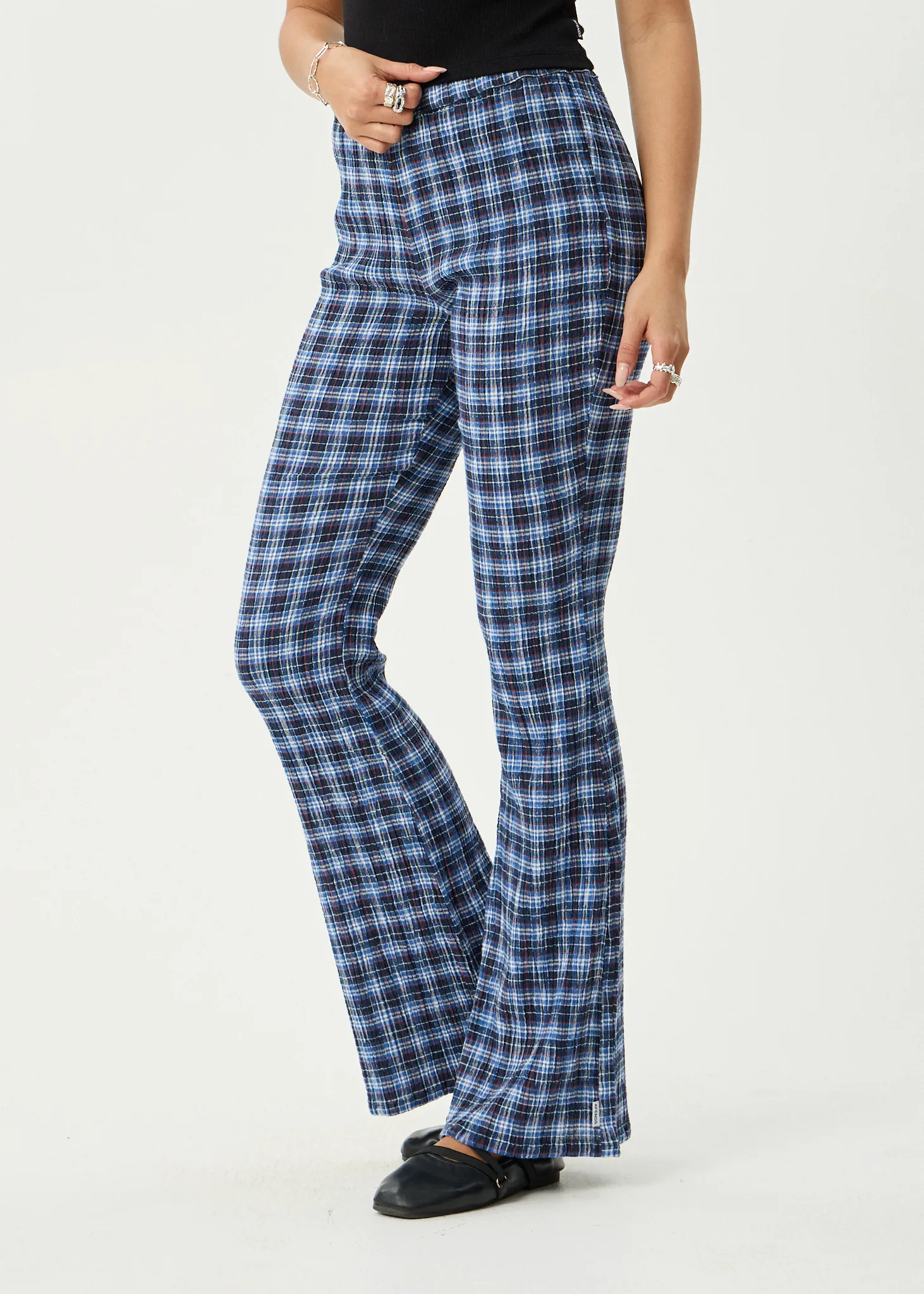 AFENDS Womens Mountains - Seersucker Flare Pant - Navy Red Check sold by Afends product image thumbnail 3