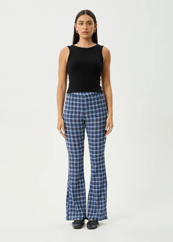 AFENDS Womens Mountains - Seersucker Flare Pant - Navy Red Check made by Afends