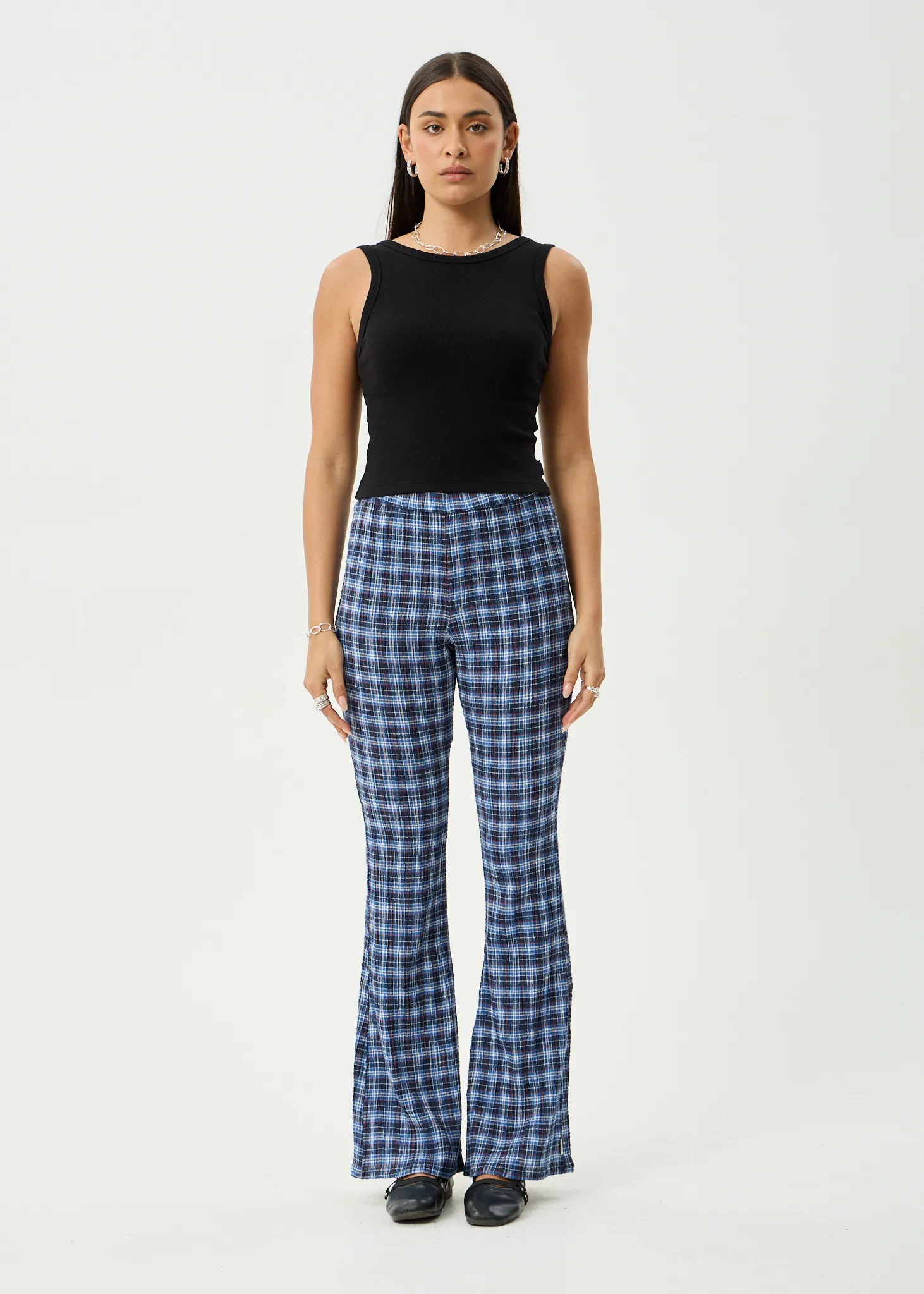 AFENDS Womens Mountains - Seersucker Flare Pant - Navy Red Check sold by Afends