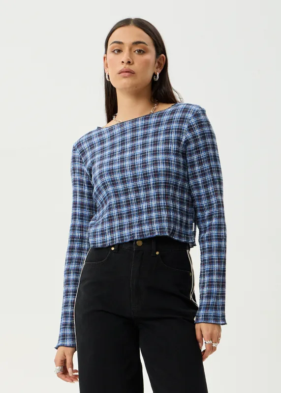AFENDS Womens Mountains - Seersucker Long Sleeve Top - Navy Red Check made by Afends